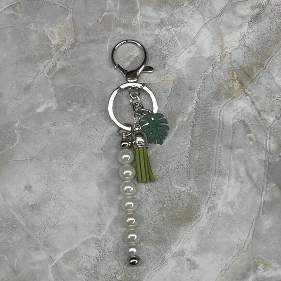 PLANT LADY Bag Charm Keychain Multi MONSTERA Pendant Suede Tassel Faux Pearls - Picture 5 of 17